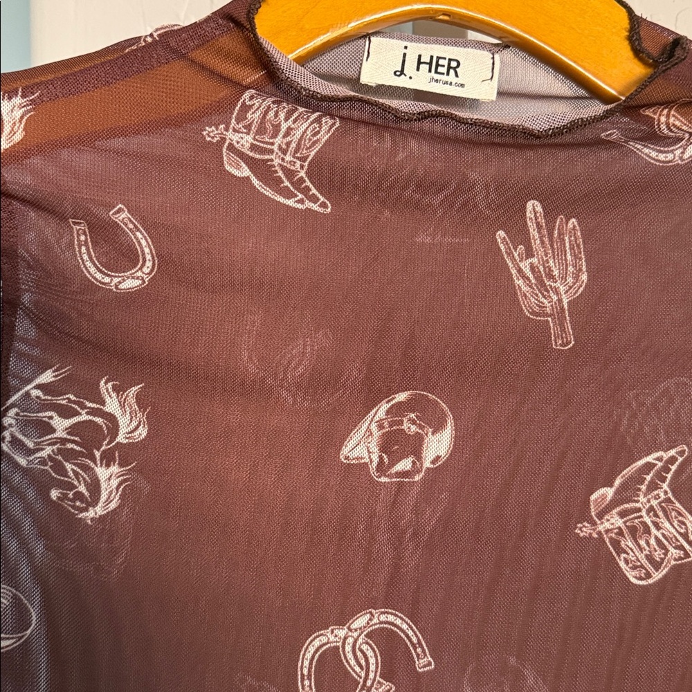 J.Her Sheer Long Sleeve Top with Western Print - Picture 2 of 6